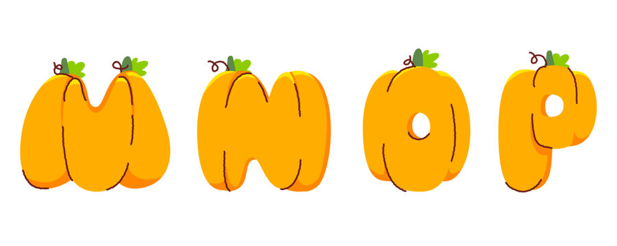 Hand drawn pumpkin alphabet letters M N O P set, cute orange vegetable font illustration vector.