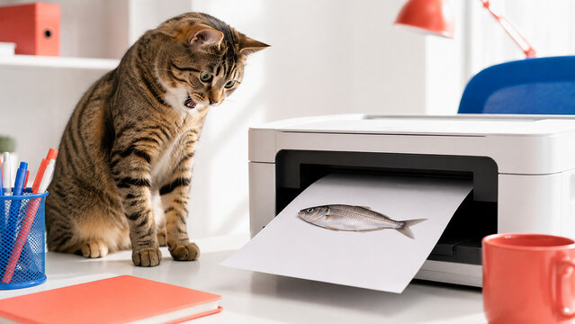 Cat printing fish from printer as humorous instant food and on demand concept