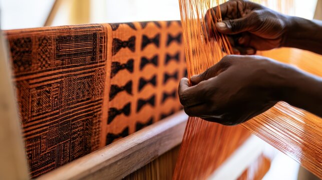 Hands weaving intricate, traditional fabric on a wooden loom, showcasing detailed patterns and craftsmanship.