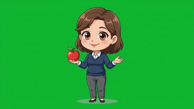 Cute cartoon character of a female teacher holding a red apple on a green screen background, perfect for educational content.
