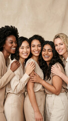 Fototapeta premium Group of diverse women smiling and hugging in neutral tones during a studio portrait session celebrating friendship and beauty