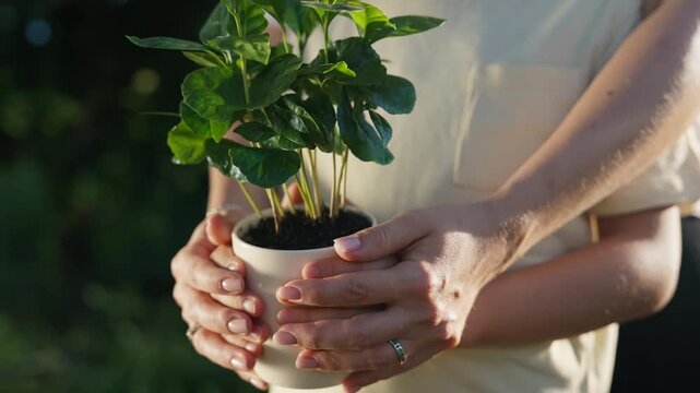 Female Hands and Child Boy Holding Potted Coffee Plant Outdoors In Garden, Young Arabica Tree With Green Leaves, Home Gardening, Sustainable Agriculture, Nature And Plant Care.