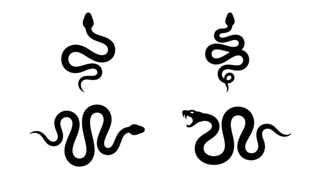 Minimalist black snake silhouettes featuring various winding body shapes displayed in a clean vector collection design