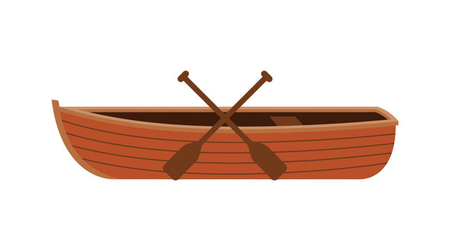 Small wooden rowboat featuring two crossed brown oars floating in a simple stylized graphic design vector