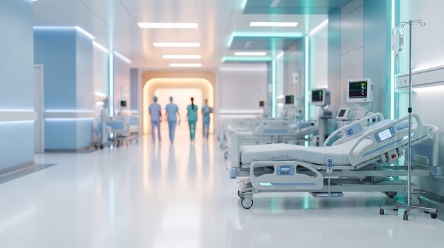 Modern hospital corridor with advanced medical equipment, including beds and monitors, showcasing innovative healthcare technology and patient care