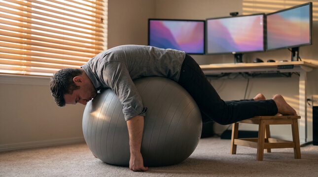 A tired young Caucasian man rests his head on a grey exercise ball in home office.