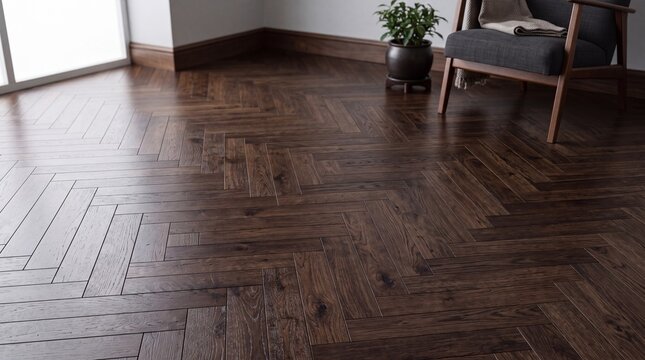 A richly textured herringbone hardwood floor gleams under soft natural light, showcasing a sophisticated and timeless interior design element.