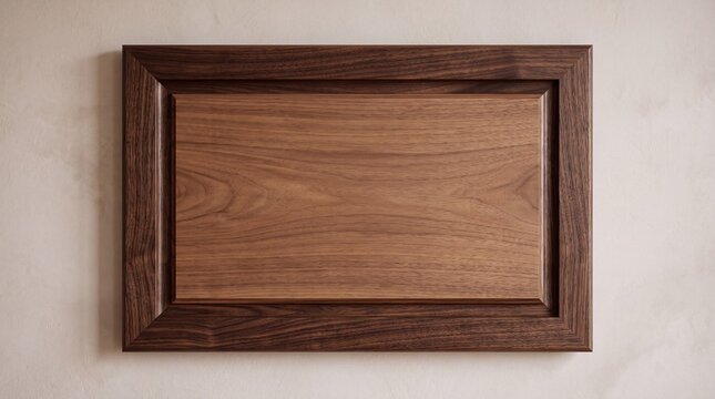 A polished rectangular wooden plaque with a deep brown frame and a lighter, smooth wood grain center, mounted on a textured neutral wall.