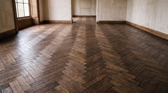 An antique herringbone parquet floor showcases intricate craftsmanship and timeless elegance in an empty, sunlit room, highlighting the warmth and character of the aged wood.