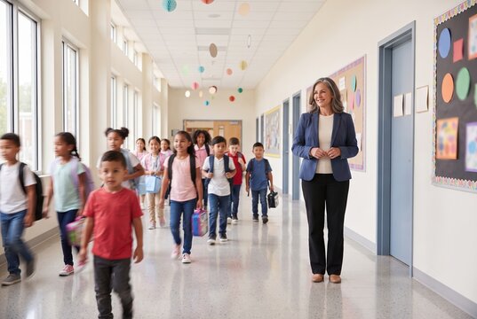 Elementary students walking in school hallway with teacher supervision