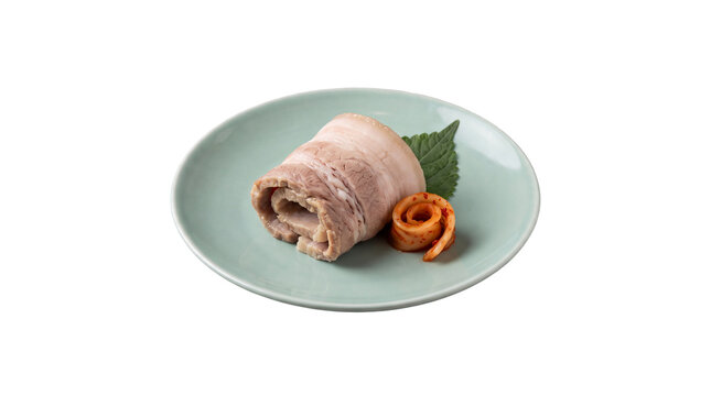 Japanese chashu pork roll on ceramic plate, braised pork belly slices for ramen topping, gourmet meat appetizer with garnish
