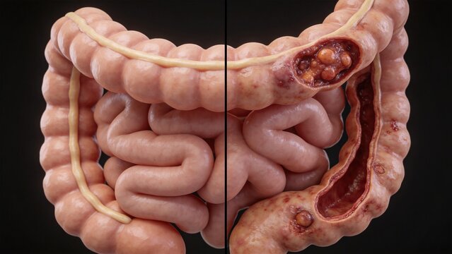 Colorectal Cancer, Pathological Changes of Colon and Rectum Tumor, Human Medical Anatomical Illustration