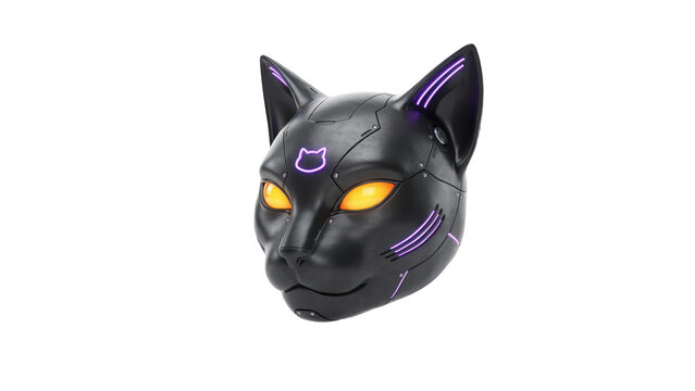 Futuristic black robotic cat head mask with glowing yellow eyes and purple neon accents for sci-fi costume wear isolated on a transparent background