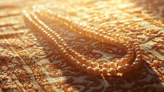 Misbaha Prayer Beads on Ornate Embroidered Fabric