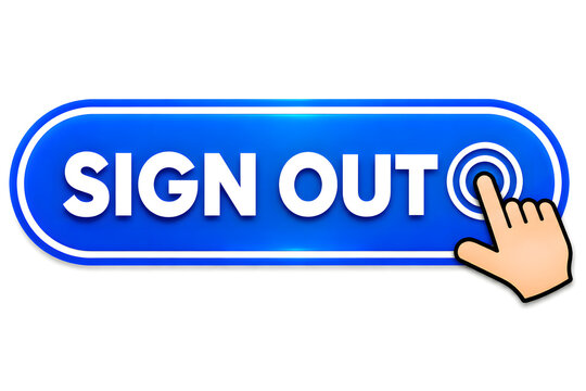 Hand clicking blue sign out button on digital interface for secure logout or exit process