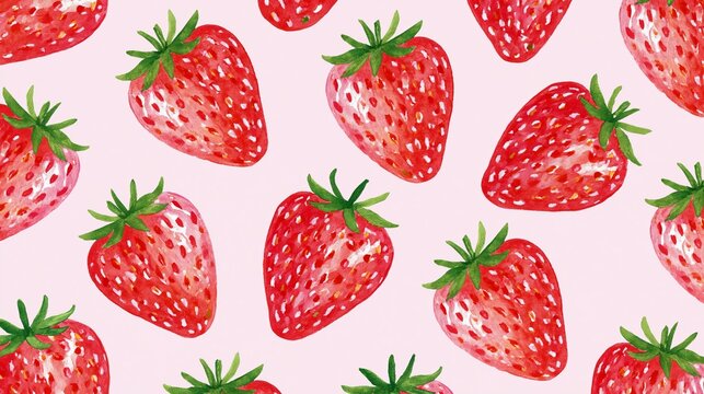 Hand-painted watercolor strawberry pattern on a soft pink background for cheerful summer packaging and surface design