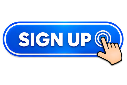 Hand clicking blue sign up button on digital interface for online registration or subscription