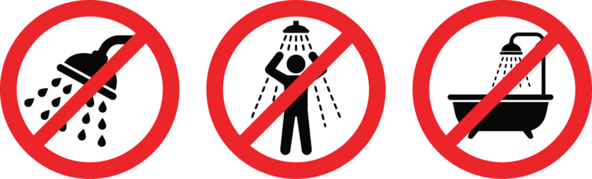 No Shower Prohibition Icon Set, Red Warning Sign Vectors on White


