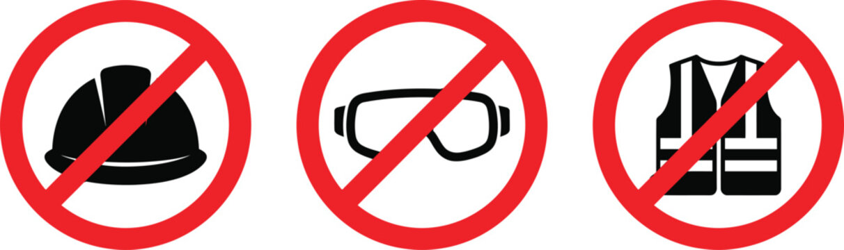 No Entry Without Safety Gear Prohibition Icon Set, Red Warning Sign Vectors on White