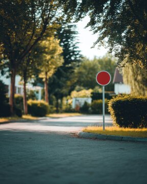 Blank Red Traffic Sign on Residential Street