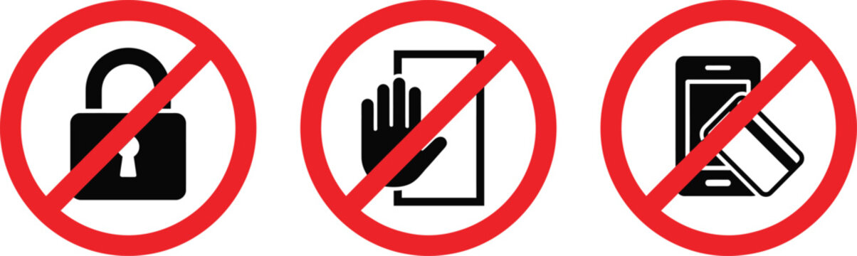 No Unauthorized Access Prohibition Icon Set, Red Warning Sign Vectors on White