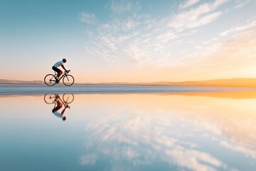 Fototapeta premium Cyclist riding on salt flat desert with perfect sky reflection in water surface. Concept professional extreme sports event poster, copy space background for freedom or motivation