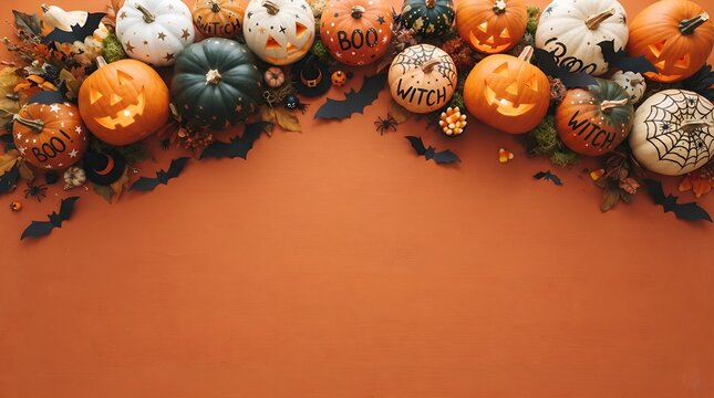 A vibrant and festive halloween display featuring an assortment of uniquely decorated pumpkins and gourds