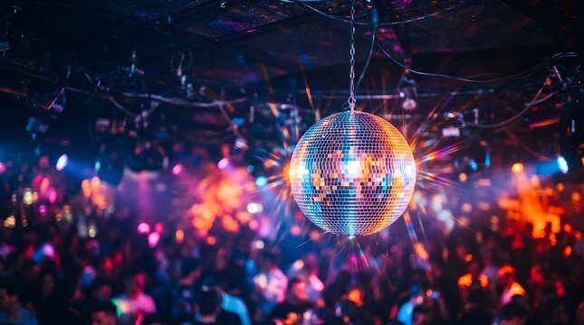 A vibrant and energetic nightclub scene illuminated by a dazzling reflective disco ball and colorful lights