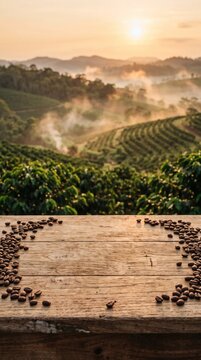 Wooden table with scattered coffee beans overlooking a misty morning coffee plantation at sunrise.