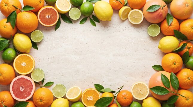 Fresh citrus fruit border frame with oranges lemons limes and grapefruits on a light background.