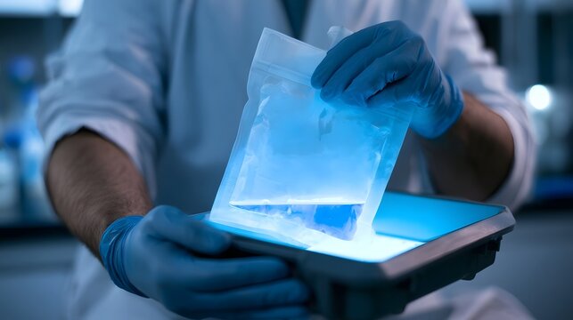 A person in a lab coat and gloves holds a transparent sealed bag over a glowing blue surface  suggesting scientific or medical handling