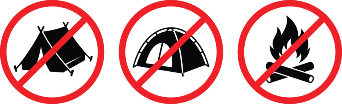 No Camping Prohibition Icon Set, Red Outdoor Warning Sign Vectors on White