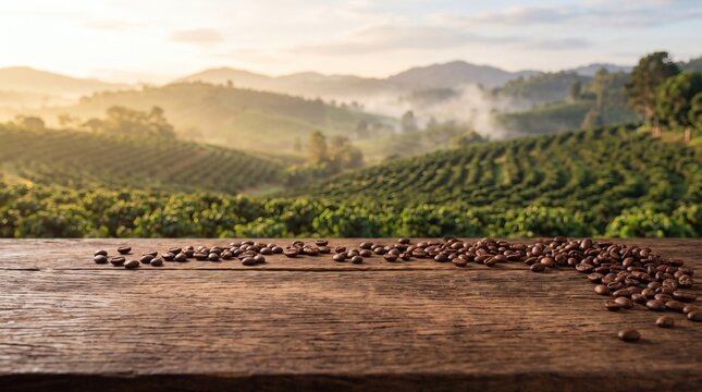 Roasted coffee beans on a wooden table overlooking a misty coffee plantation at sunrise.