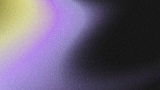 Abstract grainy textured gradient background. Soft, flowing color blend of pale yellow, lavender, violet purple fading into deep black.