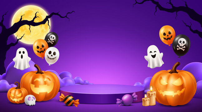 Purple Halloween Party Background with Glowing Pumpkins, Ghosts, Balloons, Candies and Display Podium