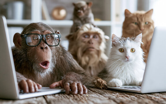 Shocked monkey wearing glasses working on laptop in modern office with animals
