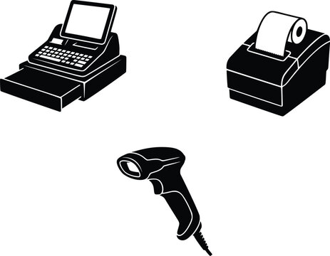 Essential pointofsale equipment set featuring a classic cash register receipt printer and a modern handheld barcode scanner for retail businesses