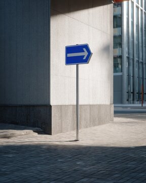 Blue Arrow Directional Sign on City Street