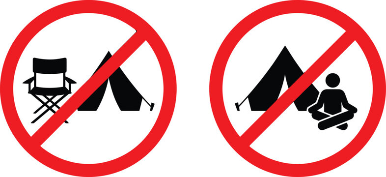 Restricted Camping Zone Prohibition Icon Set, Red Outdoor Safety Sign Vectors on White