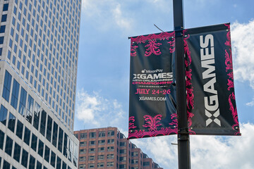 Naklejka premium New Orleans, LA, USA - July 25, 2026: Banner for 2026 XGAMES Championship in Downtown New Orleans, sponsored by MoonPay, an International Cryptocurrency Company