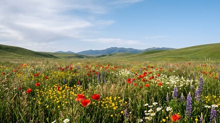 Obraz premium Meadow landscape blooming with colorful wildflowers under blue sky