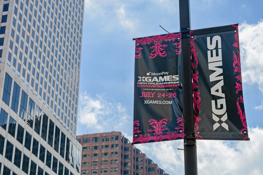 New Orleans, LA, USA - July 25, 2026: Banner for 2026 XGAMES Championship in Downtown New Orleans,  sponsored by MoonPay, an International Cryptocurrency Company
