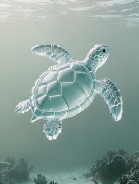 A beautiful sea turtle recreated as a transparent inflatable plastic sculpture, rounded shell, elegant flippers and small head, shell pattern formed through delicate inflated geometric folds