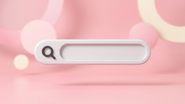 3d search bar icon with magnifying glass on pink background