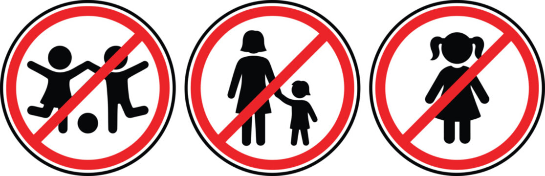 No Kids Restricted Area Prohibition Icon Set, Red Safety Warning Sign Vectors on White