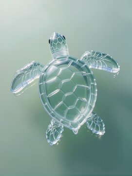 A beautiful sea turtle recreated as a transparent inflatable plastic sculpture, rounded shell, elegant flippers and small head, shell pattern formed through delicate inflated geometric folds