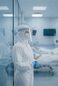 Healthcare worker in full protective gear standing in hospital ward