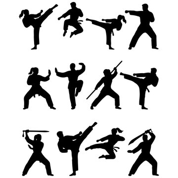 Martial arts silhouettes collection with karate kung fu and weapon poses
