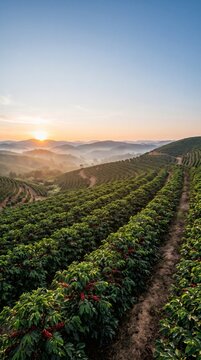 Beautiful sunrise over a lush coffee plantation in the mountains.