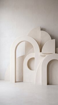 Abstract composition with beige geometric shapes and arches on a textured wall background.